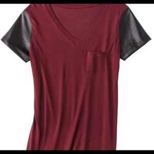 NWOT Burgundy w/black faux leather sleeve top 1X